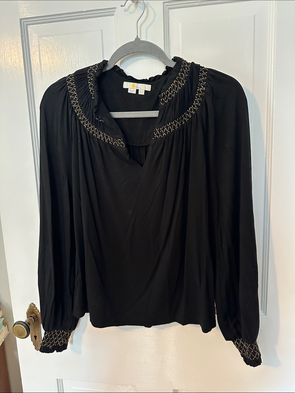 Boden Black Long-Sleeve Blouse with Gold Embroidered Yoke